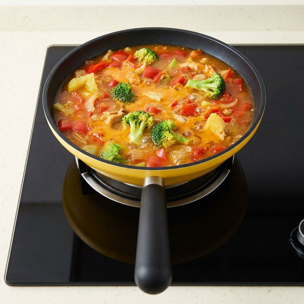Close-up of a spoonful of salt being sprinkled into a bubbling pan containing tomato and pickled mustard green broth.