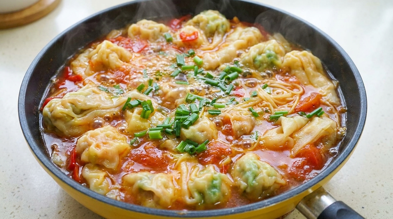 Tomato and Pickled Mustard Green Wonton Noodle Soup