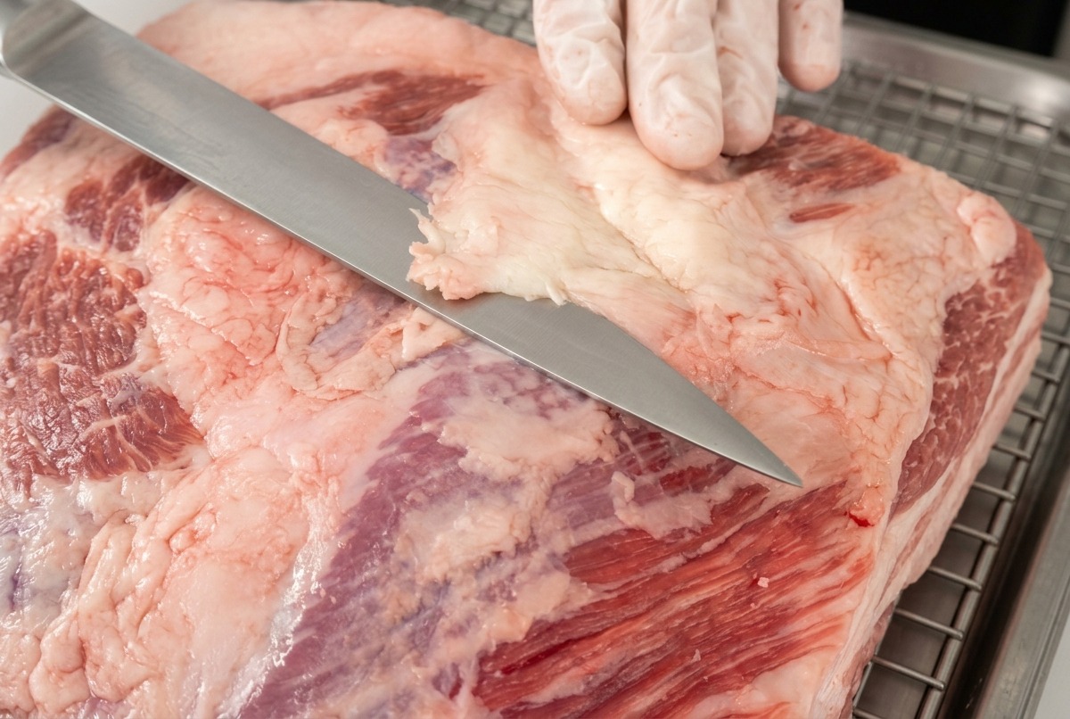 A close-up view of a knife slicing through a thick layer of white fat on the surface of raw beef ribs.