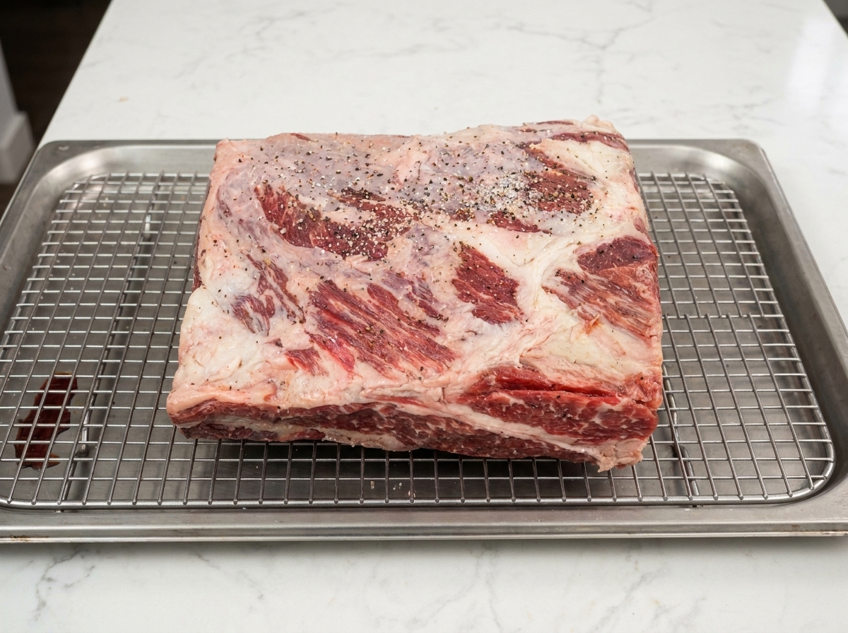 Raw beef ribs seasoned with salt and pepper resting on a wire rack inside a baking tray.