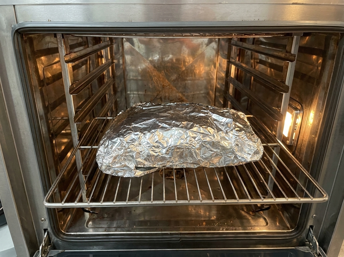 A silver foil-wrapped package resting on the wire rack inside a preheated stainless steel oven.
