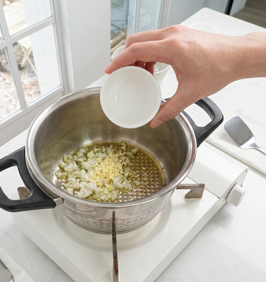 Minced garlic and white onions being added to a stainless steel pot with oil on a stovetop.