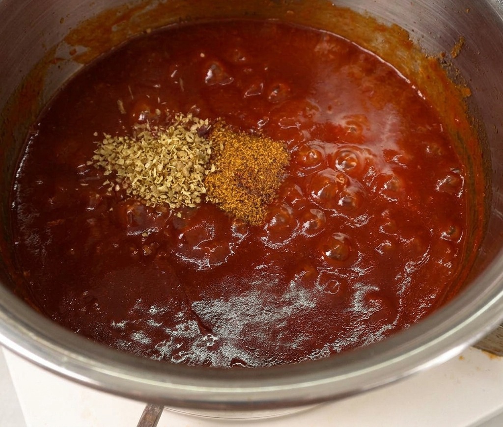 Dried spices and herbs sitting on top of a red bubbling BBQ sauce in a metal pot.