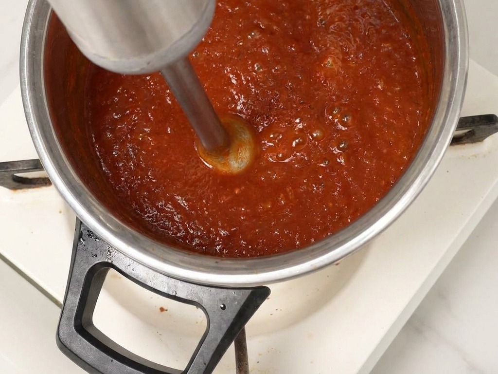A person using a stainless steel immersion blender to smooth out a thick red BBQ sauce in a pot.