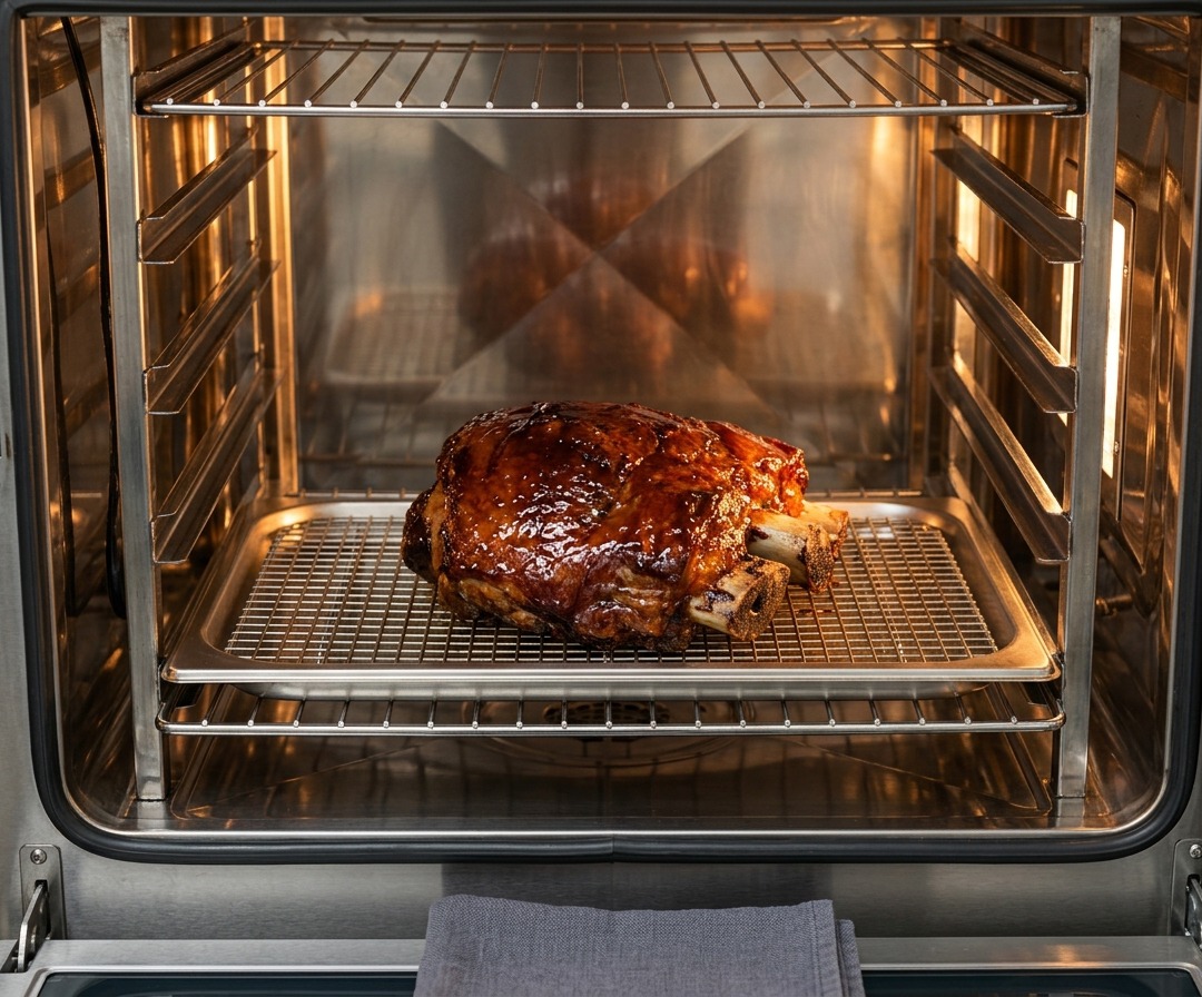 A glossy, BBQ-glazed slab of beef ribs resting on a wire rack inside a lit oven during the final roasting stage.