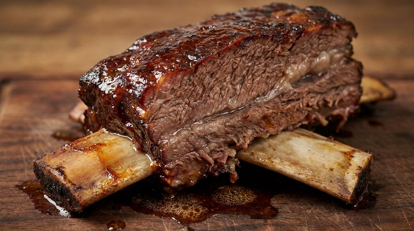 Succulent slow-roasted beef ribs with a deep mahogany glaze, resting on a rustic wooden board.