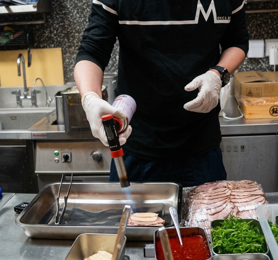 A person using a culinary blowtorch to sear slices of pork on a stainless steel tray in a kitchen.