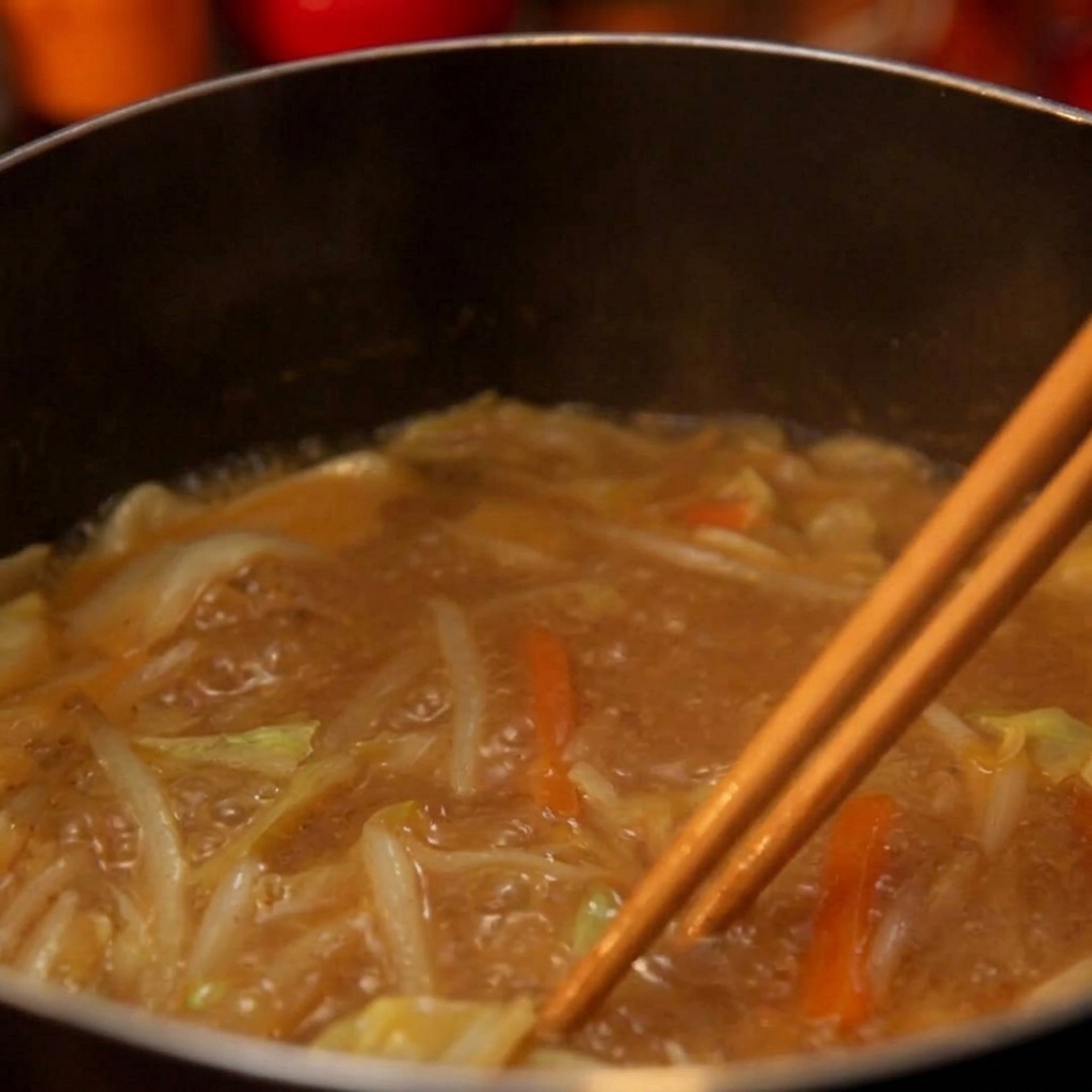 Hot water being poured into the bowl, beginning to melt the miso and butter mixture.