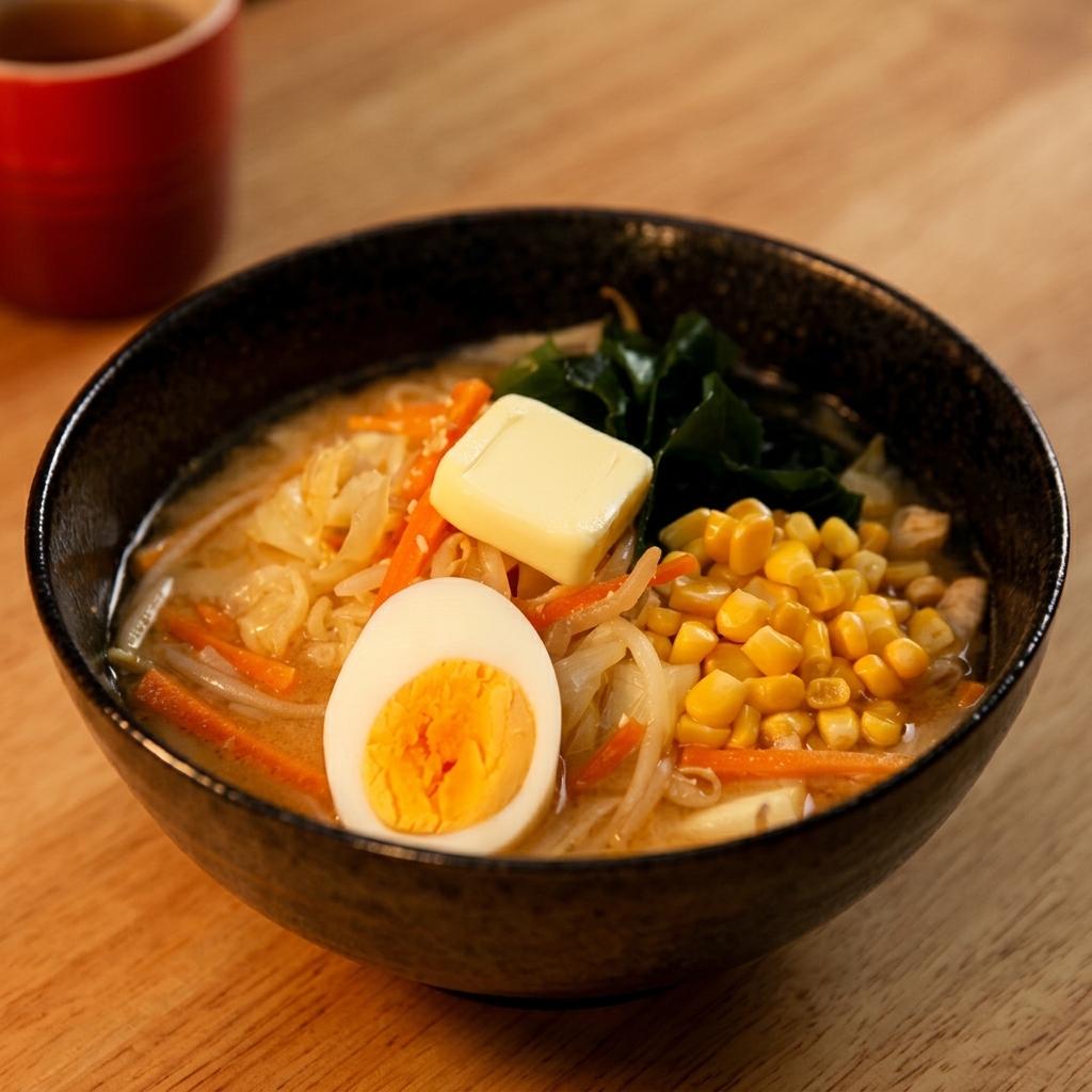 A spoonful of yellow canned corn kernels being added as a topping to the bowl of ramen.