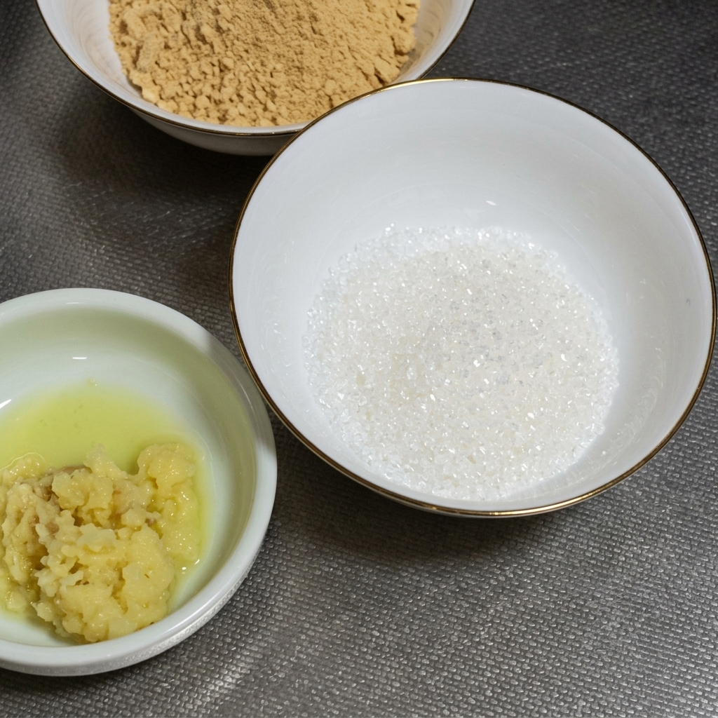 A close-up of a white bowl containing a scoop of red miso paste with freshly minced garlic and ginger.