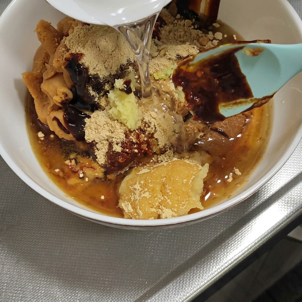 Hot water pouring from a kettle into a bowl as chopsticks stir the miso mixture.