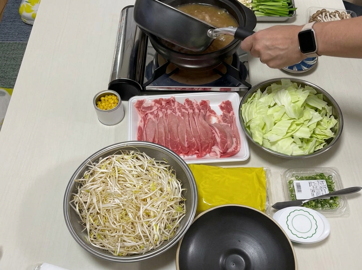Close-up of a ladle pouring rich, golden-brown soup base into a pot filled with vibrant vegetables, sliced meat, and noodles.