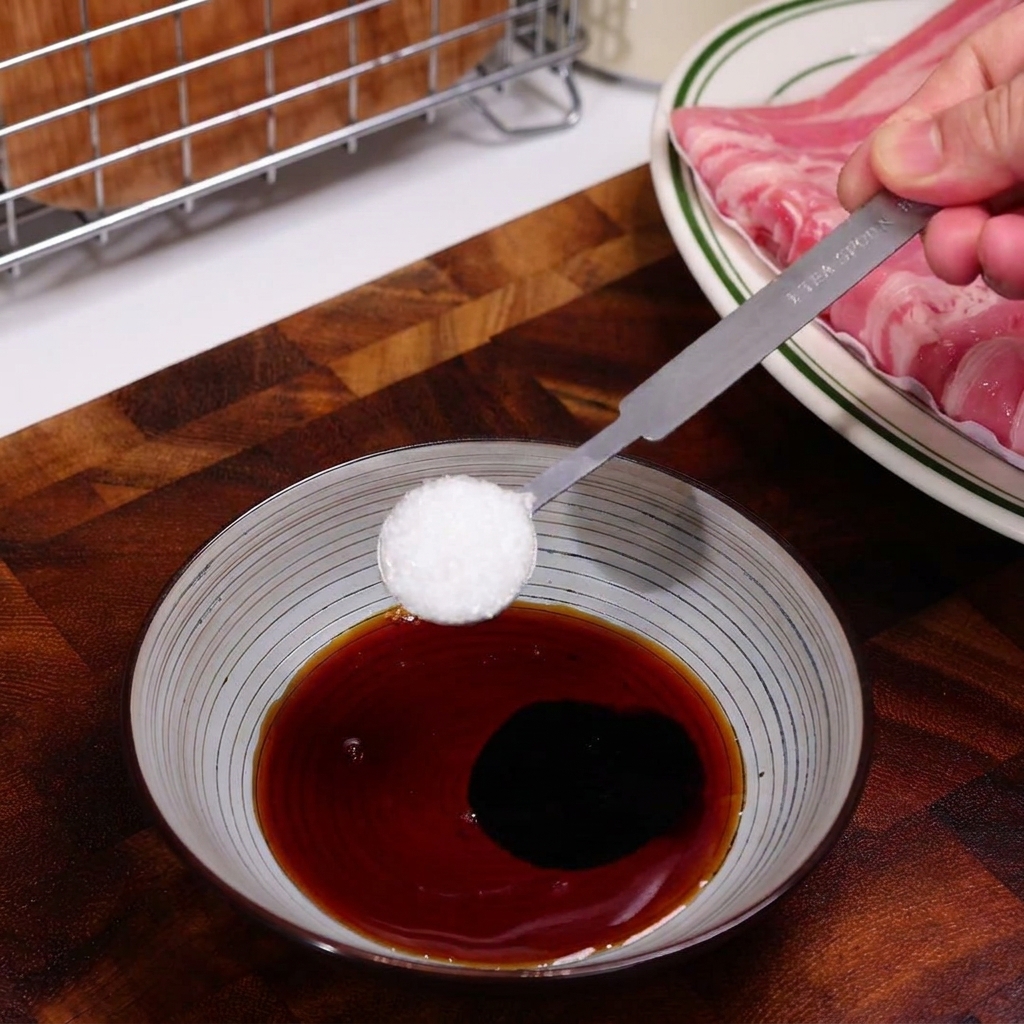 A hand using a measuring spoon to add a white powder ingredient into a striped bowl filled with dark sauce.