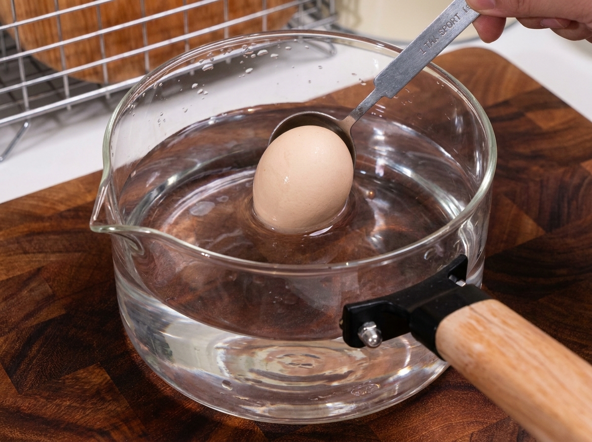 A whole egg being carefully lowered into a glass pot of warm water using a spoon.