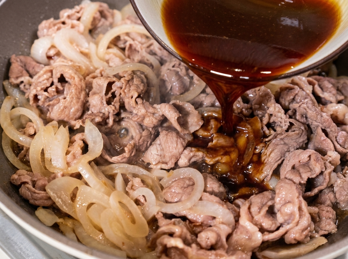 Dark sauce being poured from a bowl over cooked sliced beef and onions in a frying pan.
