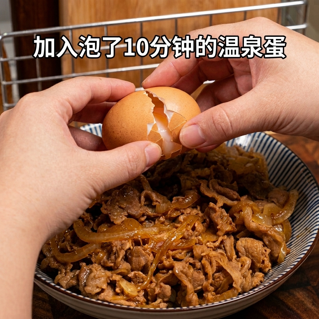 A soft-boiled egg being carefully cracked onto a bowl of beef and rice.