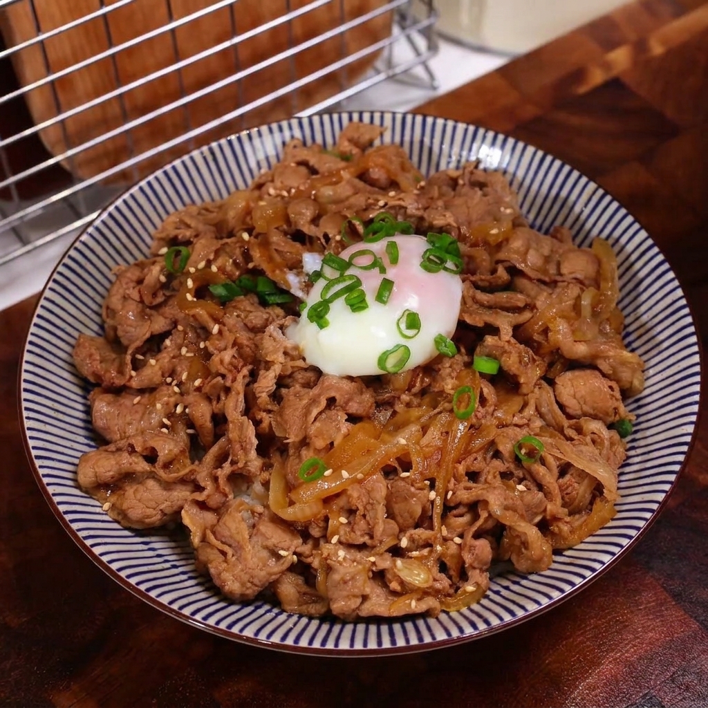 A finished beef and rice bowl topped with a soft-boiled egg, now being garnished with green onions and sesame seeds.