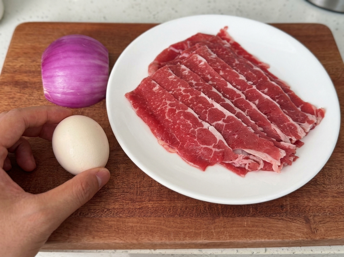 Slices of beef being added to a hot non-stick pan, immediately beginning to sear.