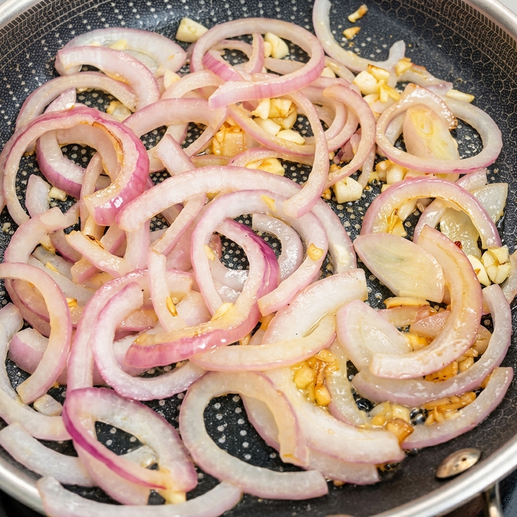 Slices of beef being added to a pan already containing sautéed onions.