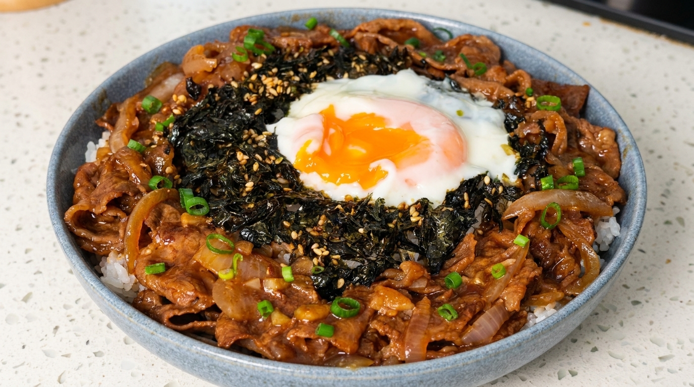 Japanese-Style Beef Bowl with Hot Spring Egg (Gyudon)