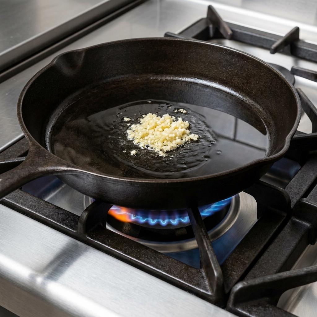Finely minced garlic and onions sizzling in a small amount of oil in a cast iron skillet.