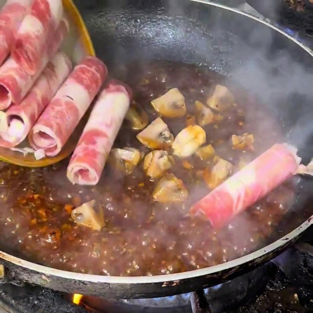 Thin, raw rolls of snowflake beef being added to a pan containing a simmering dark sauce and mushrooms.