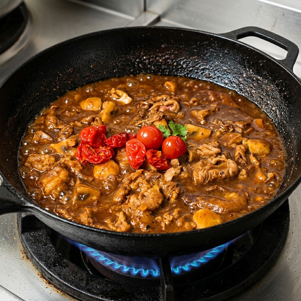 Cherry tomatoes being tossed into a pan filled with cooked beef, mushrooms, and a thick brown sauce.