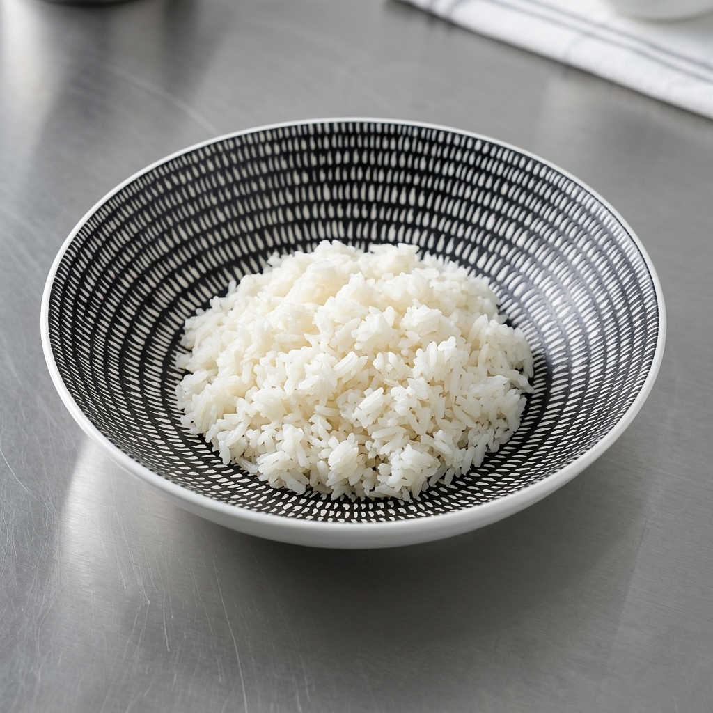 A generous portion of fluffy white rice placed in a black and white patterned ceramic bowl.