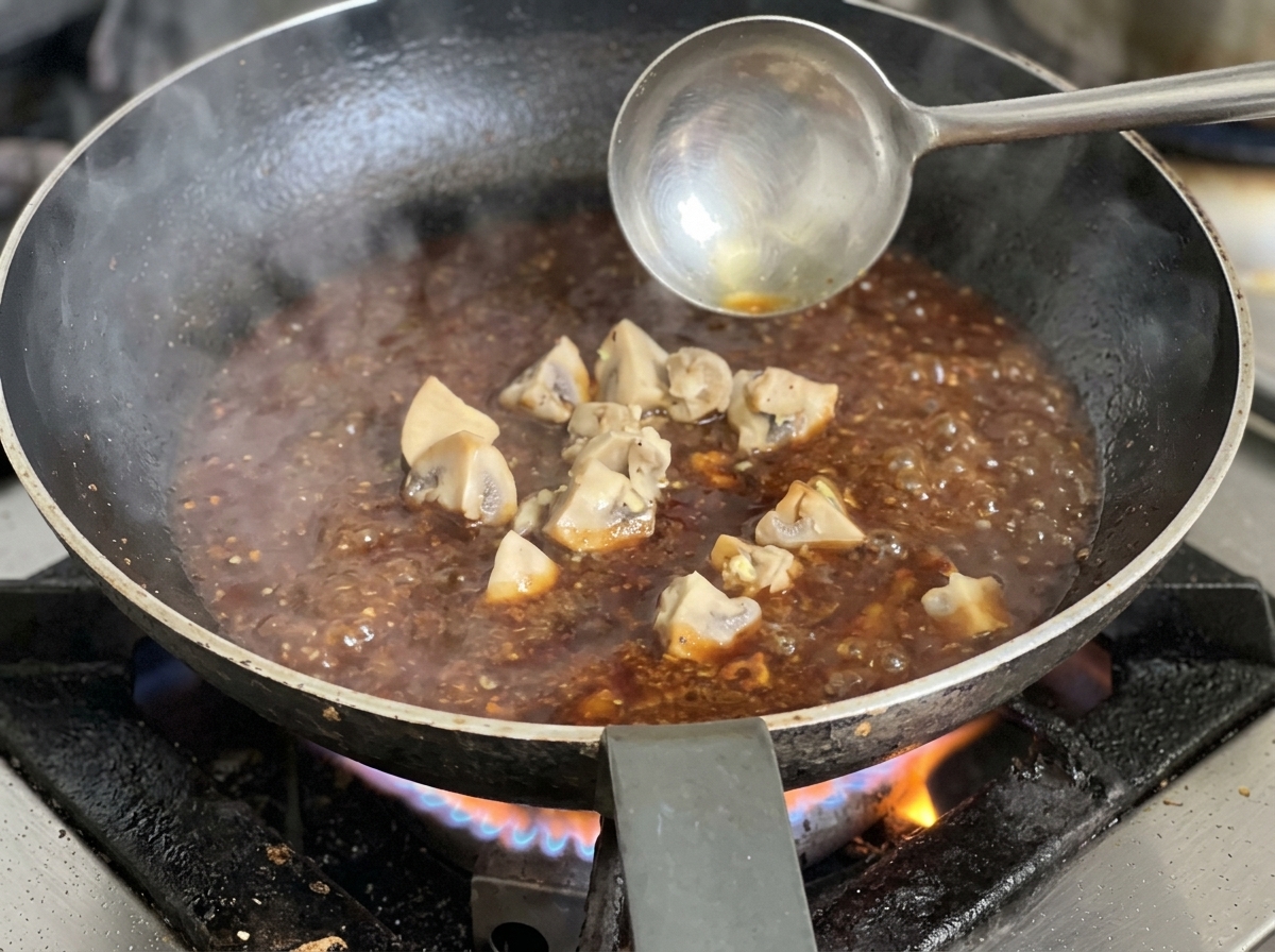Thin slices of marbled beef being added to a pan with softened onions.