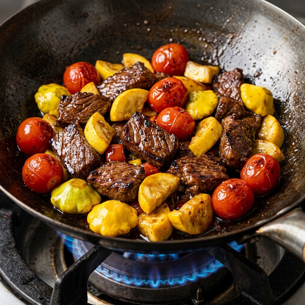 Beef and onions simmering in a dark, savory broth in a pan.