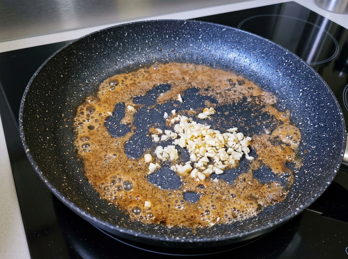 Garlic, tomatoes, and bell peppers cooking in the pan.