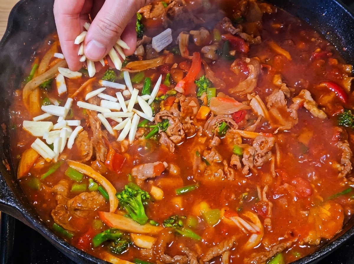 Shredded cheese being sprinkled over the pan contents.