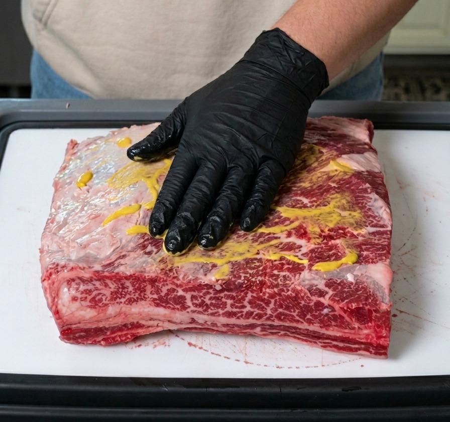 A gloved hand spreading yellow mustard over a thick slab of raw beef ribs on a white cutting board.