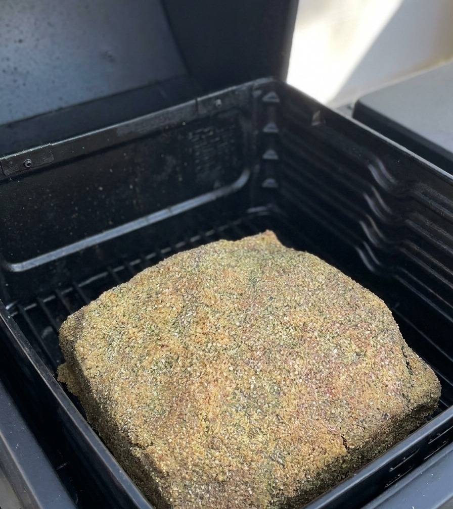 A large slab of beef ribs coated in a coarse salt and pepper rub sitting on the black grates of an open smoker.