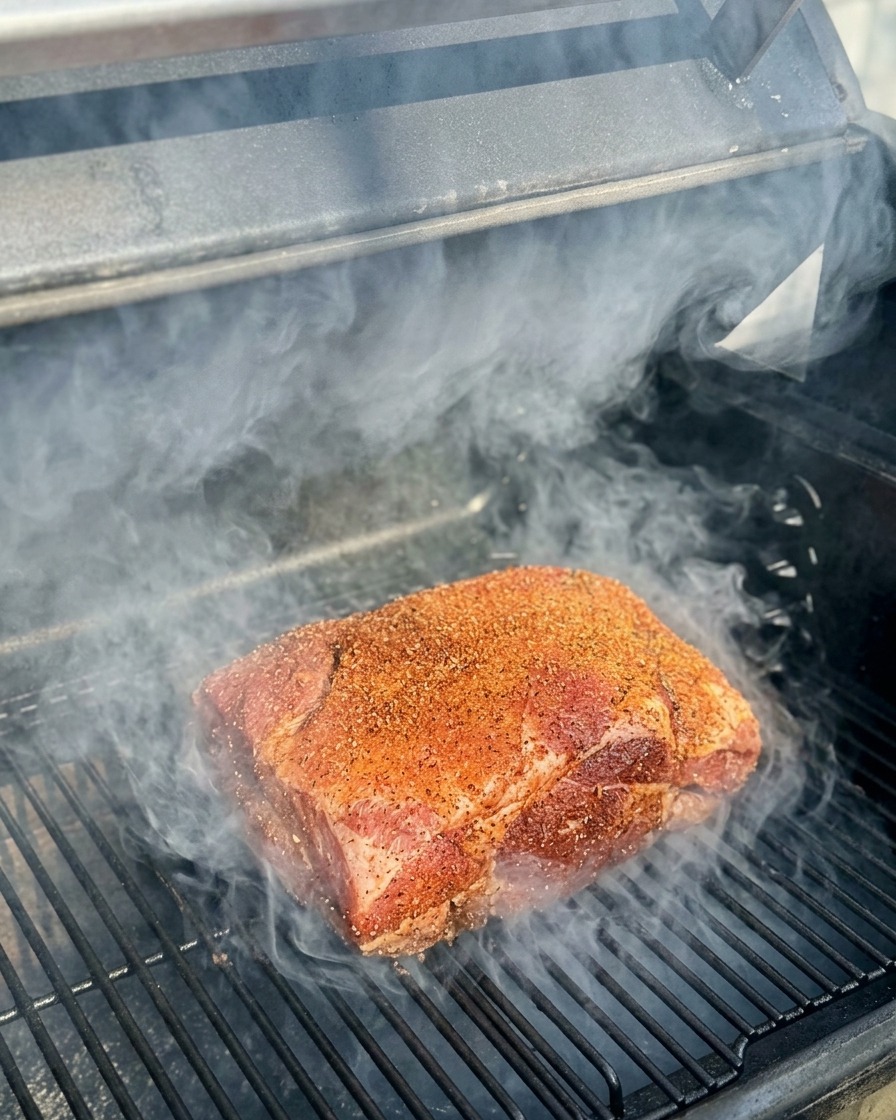 Beef ribs inside a smoker chamber surrounded by swirling white smoke, with the outer seasoning beginning to turn a dark brown color.