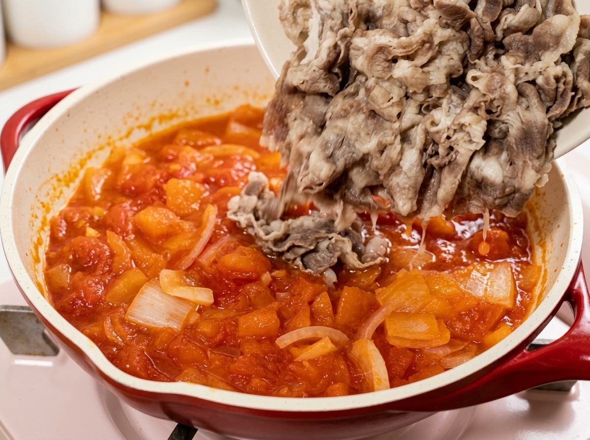 Blanched beef being poured into a pan with cooked tomato and onion mixture.