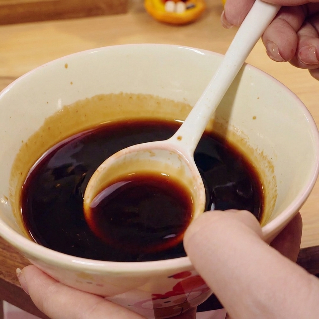 Dark sauce being poured from a small ceramic bowl into the pan.