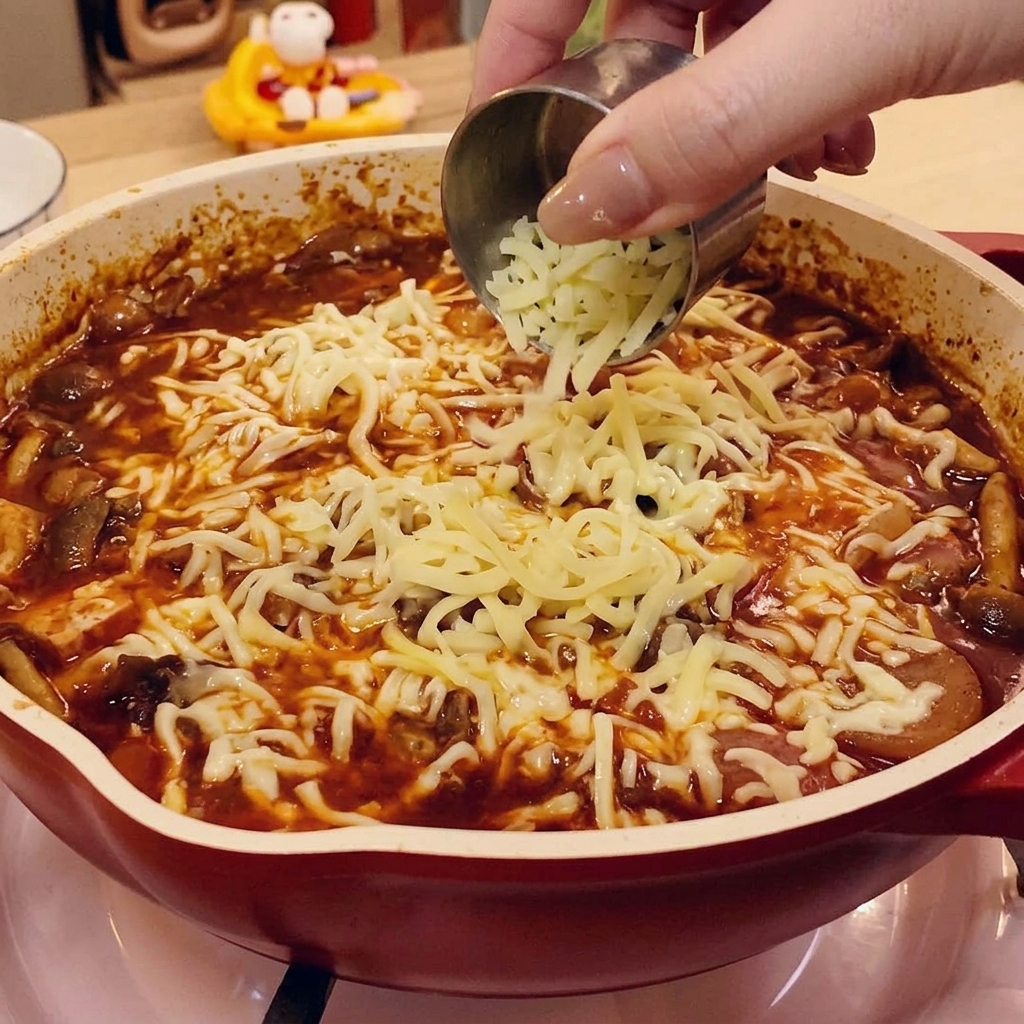 The pan filled with beef and rice mixture covered with a wooden lid, sitting on a stovetop.