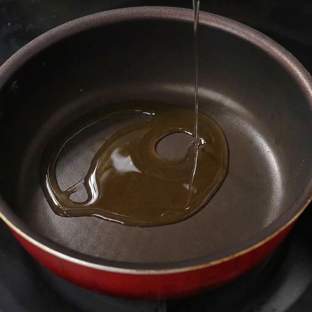 Clear cooking oil being poured into a small red non-stick pan on the stove.