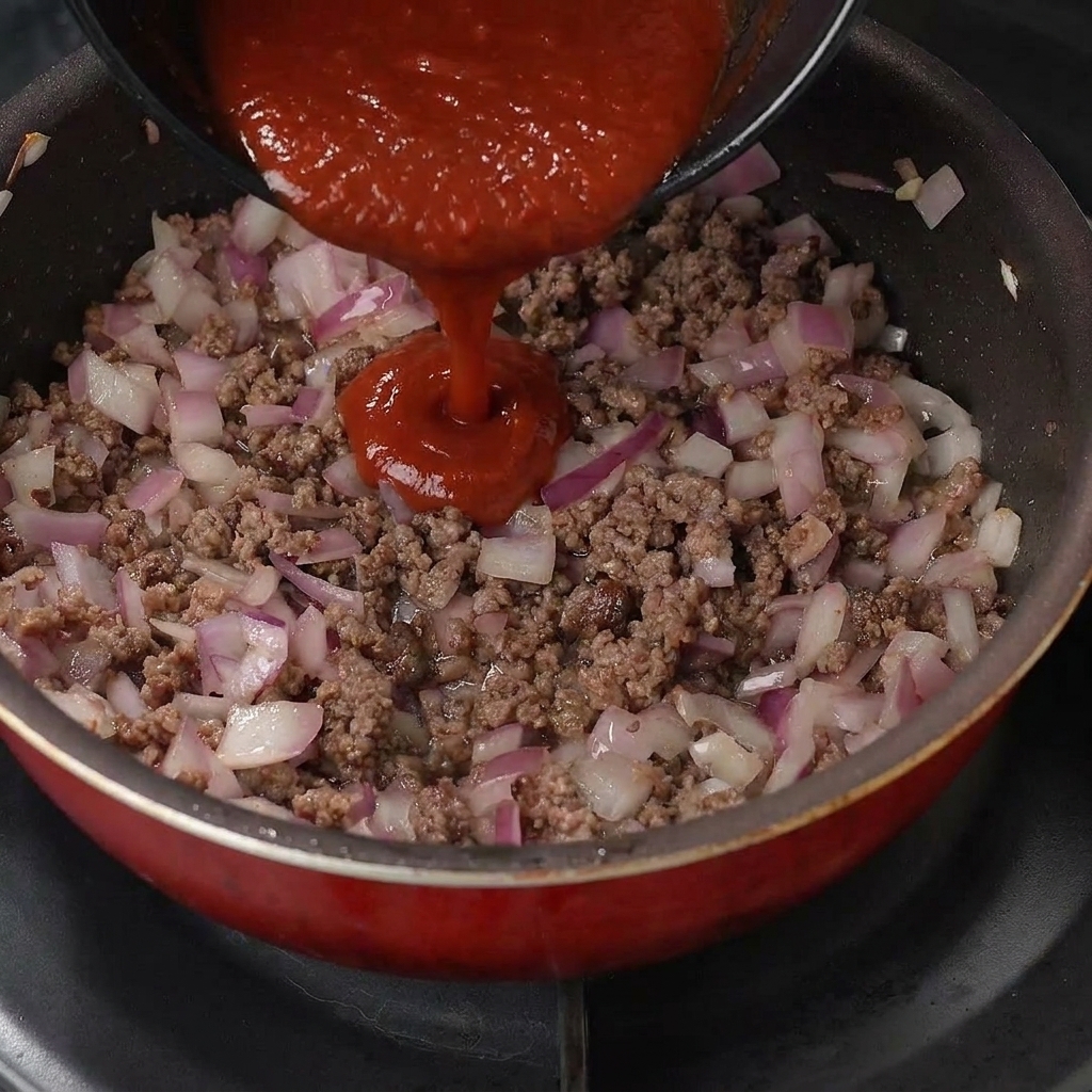 A dark red savory sauce being poured over ground beef and sautéed onions in a pan.