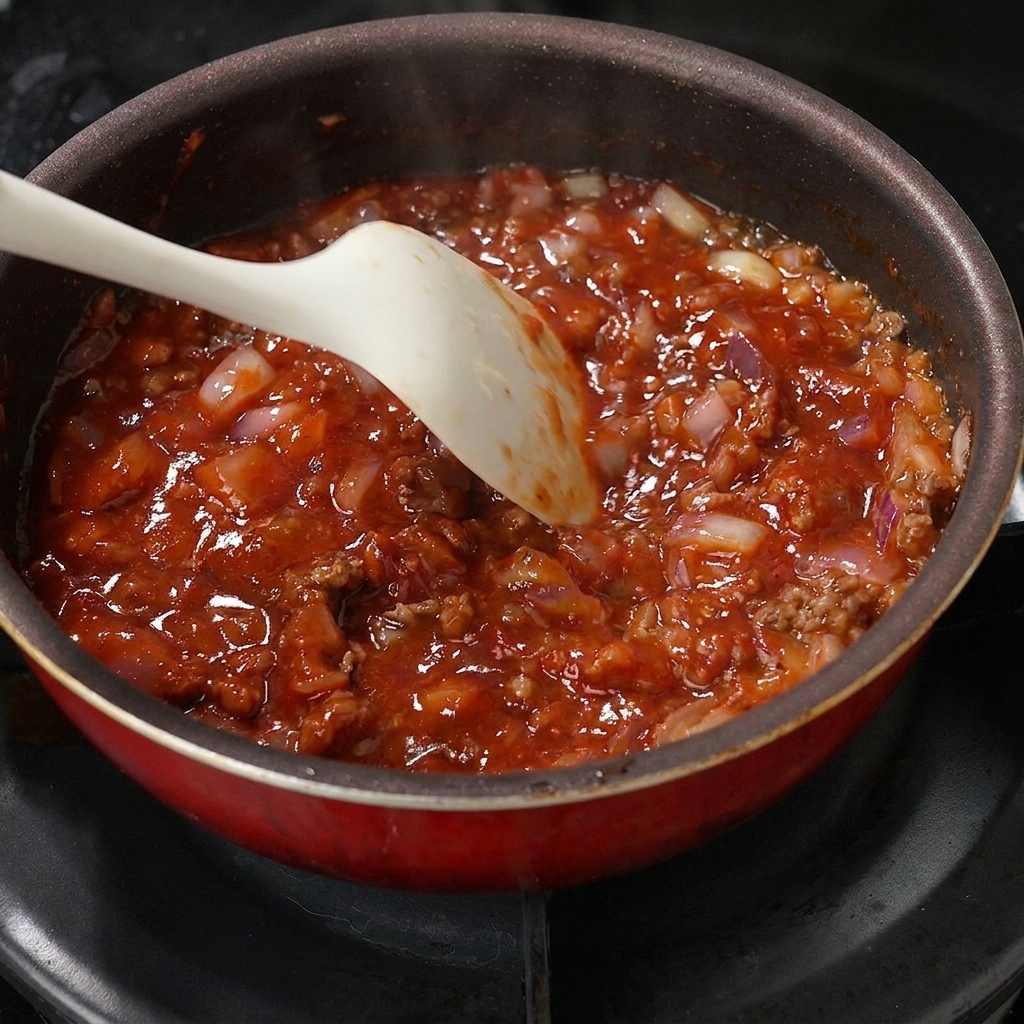 Yellow beaten egg being poured into the pan with beef and sauce, ready to be covered.
