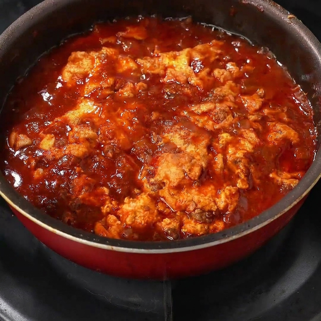 Two slices of yellow cheese melting on top of a savory beef and egg mixture in a pan.