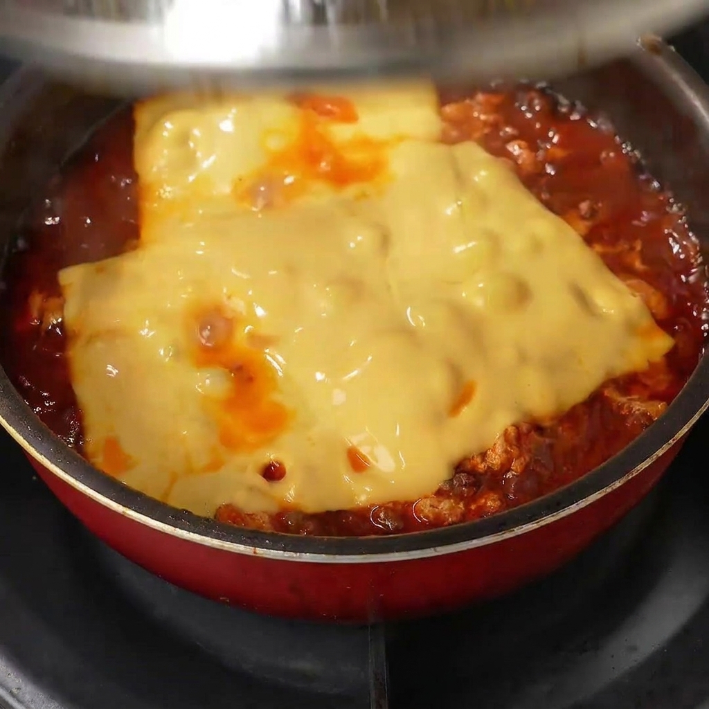 A finished dish of beef and melted cheese in a pan, garnished with a sprinkle of black sesame seeds.
