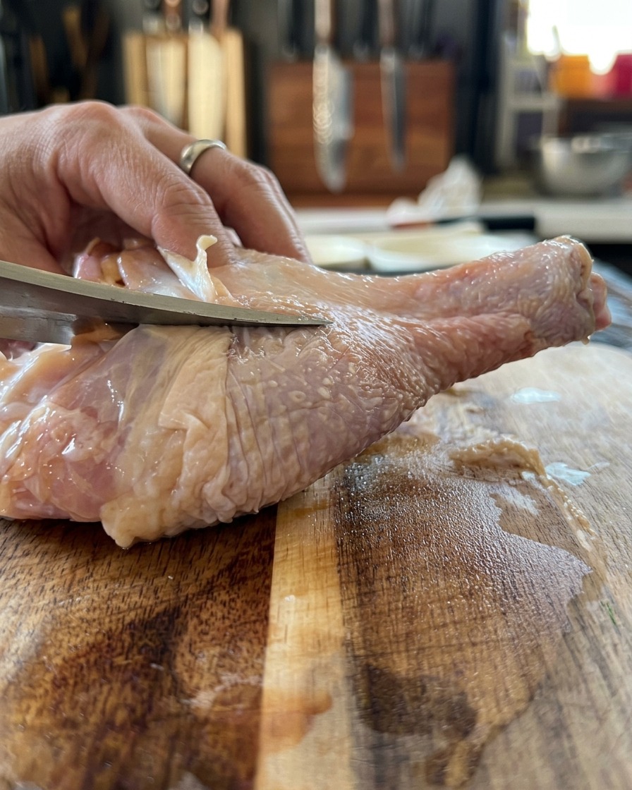 A raw chicken thigh being deboned with a sharp knife on a wooden surface.