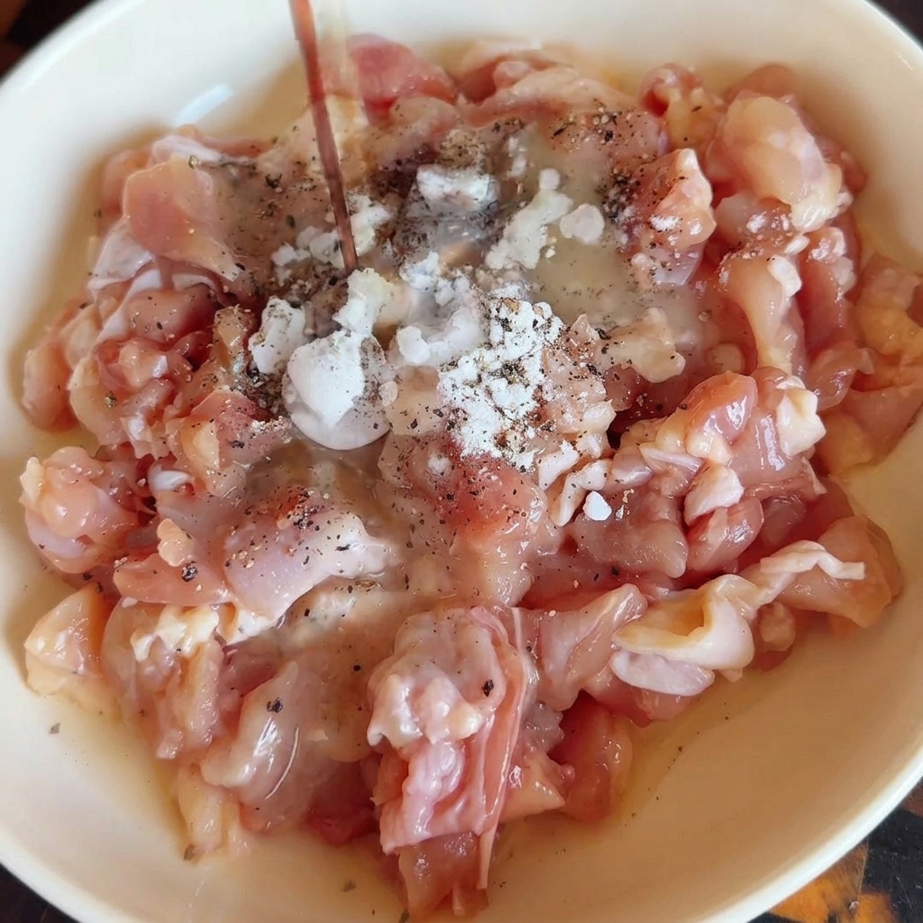 A bowl containing diced raw chicken with soy sauce and spices added.
