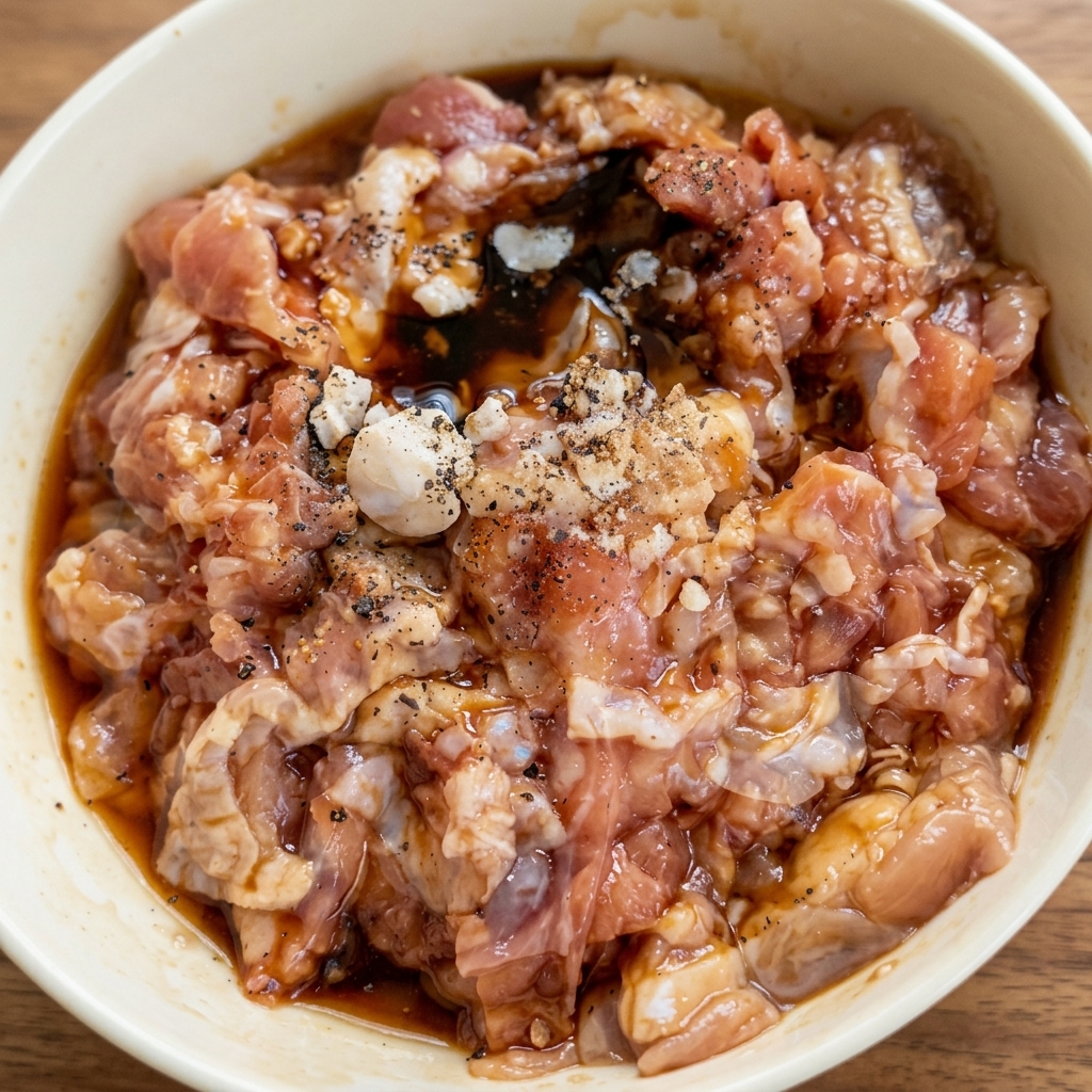 Marinated chicken pieces being mixed by hand in a white bowl.