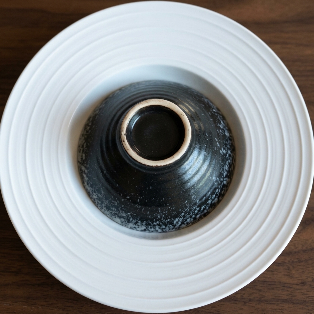 A perfectly shaped dome of white rice being placed on a white serving plate.