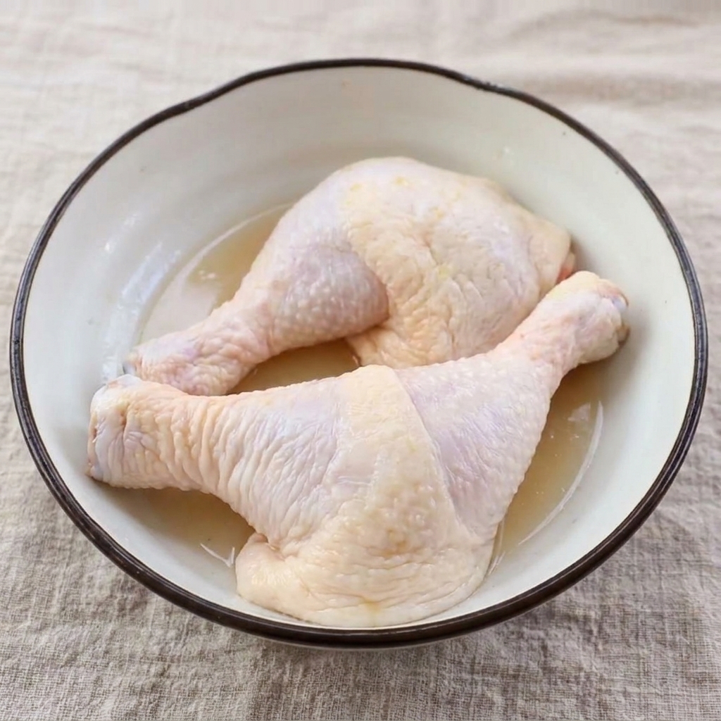 Raw chicken thighs being prepared by removing the bones using kitchen shears.
