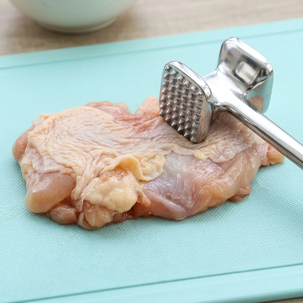 A raw chicken thigh resting on a blue cutting board being tenderized with a metal meat mallet.