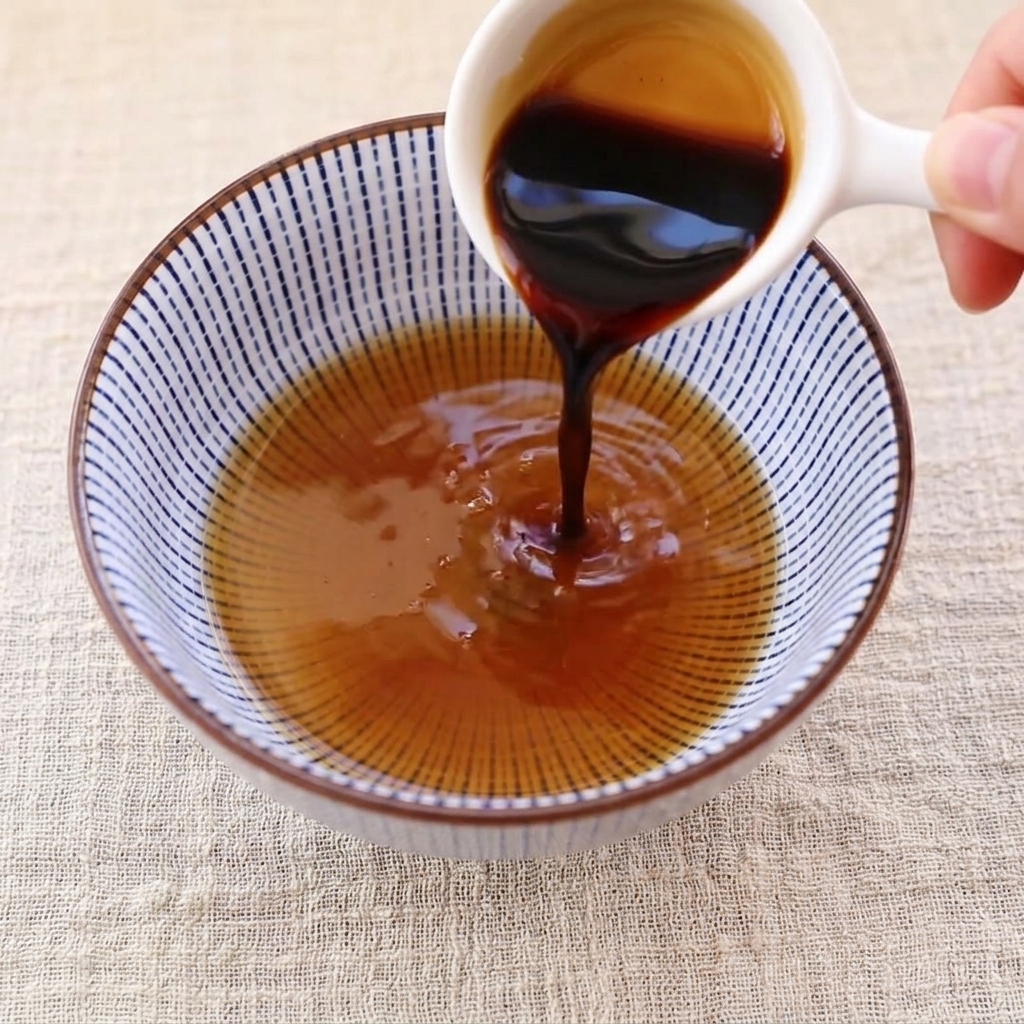 Dark sauce being poured from a small white cup into a patterned bowl containing a lighter liquid mixture.